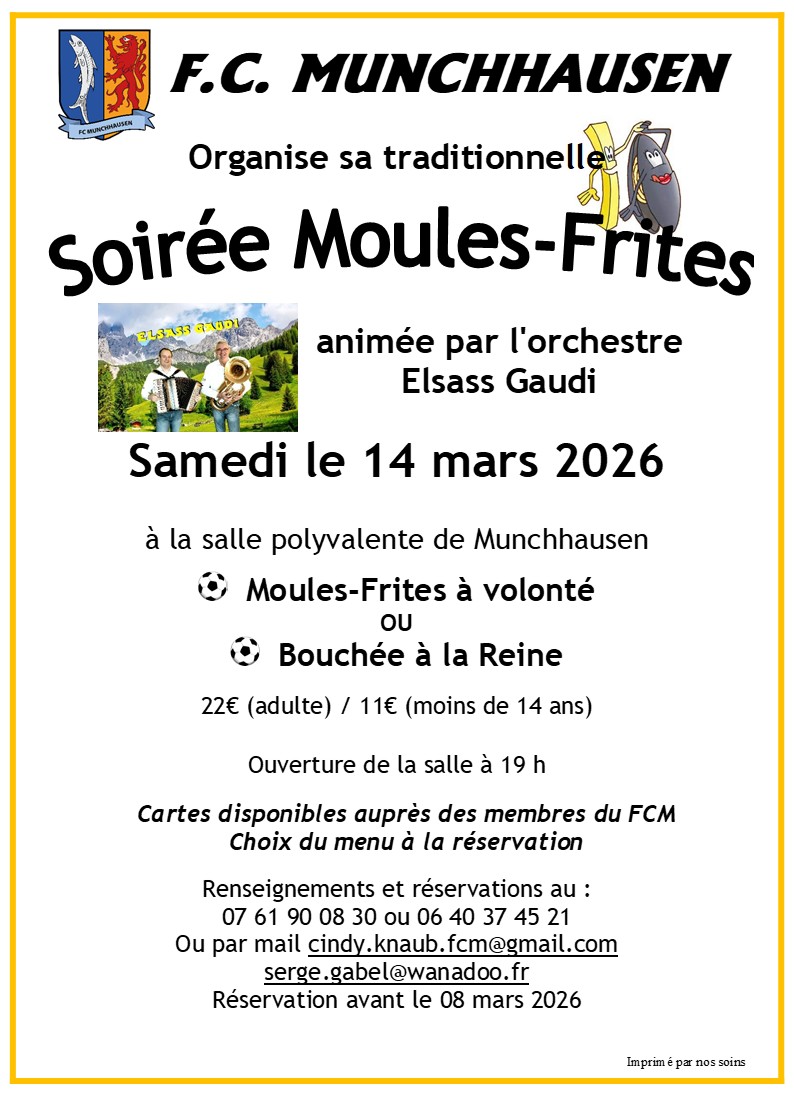 Soirée moules/frites à volonté ou bouchées à la reine du FC Munchhausen