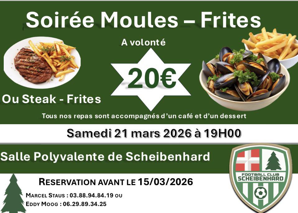 Soirée moules/frites à volonté ou steak/frites du FC Scheibenhard
